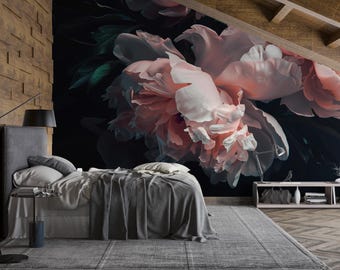 Dark Floral Wallpaper Mural, Oversized Peony Wall Art, Bold Romantic Flower Wall Decor, Stylish Modern Wallpaper for Bedroom or Living Room