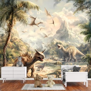 Dinosaur Wall Mural - Jungle Prehistoric Kids Room Wallpaper - Peel and Stick Dinosaur Decor - Non-Woven Wallpaper for Nursery Vn006