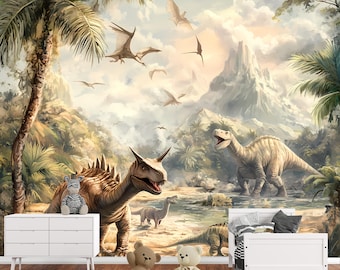 Telas Por Metros Papel Pintado Infantil Dinosaur Kingdom De World Of Wallpaper - Diseño Dinosaurios, Color Gris Multicolor La Batalla De Los Planetas