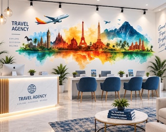 Travel Agency Wall Decal, Colorful World Landmark Wall Art, Airplane Mural, Travel Office Decor, Tourism Business Wall Graphic