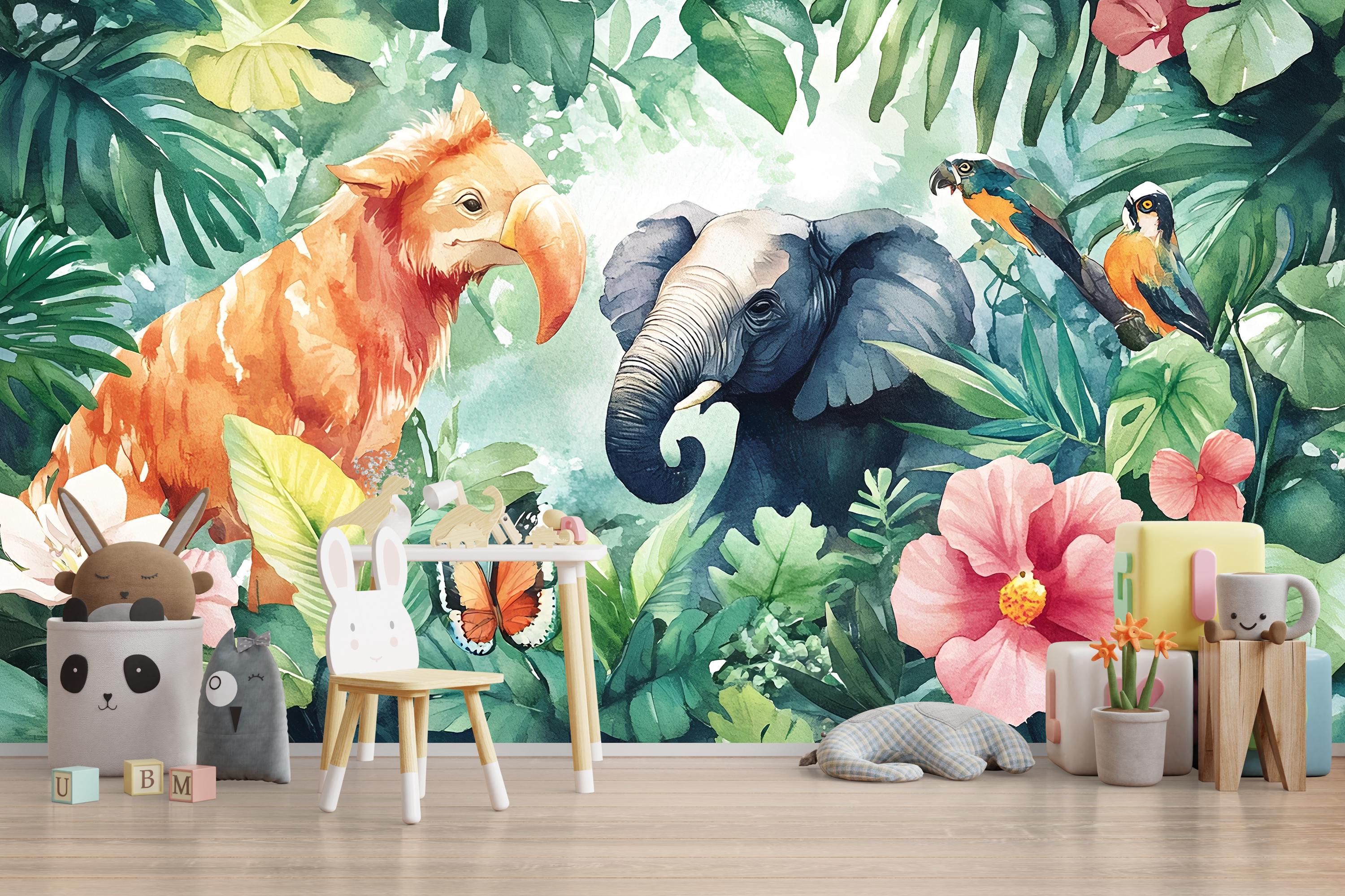 Jungle Safari Kids Wall Mural – Peel and Stick Elephant & Parrot ...