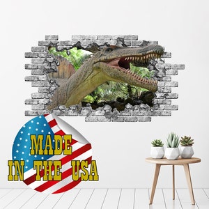 Jurassic World Decal for Boys Room, Hole in the Wall Mural Kids, 3D Dinosaur Wall Sticker Nursery, Brick Wall Decal Children