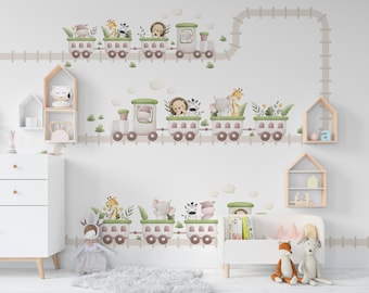 Train Cute animals Wall Decal Train Wall Sticker Railroad Art Train Wall Vinyl Wall Decal Train Room Gifts Vinyl Stickers room decor 964RS