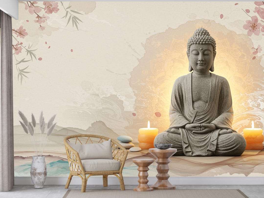 Zen Buddha Spa Wall Mural – Minimalist Meditation Wallpaper With Cherry ...