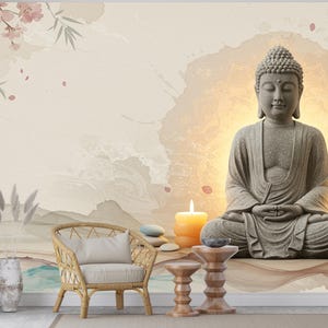 Zen Buddha Spa Wall Mural – Minimalist Meditation Wallpaper with Cherry Blossoms Watercolor Waves – Calm Neutral Wellness Decor Mural 700RS