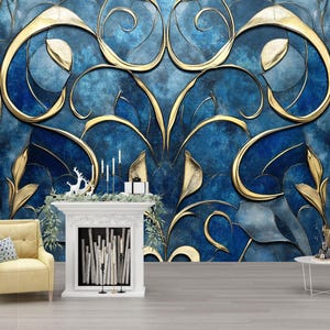 Elegant Blue And Gold 3D Wallpaper – Luxury Textured Floral Wall Mural For Living Room Or Office – Modern Peel And Stick Removable Wallpaper