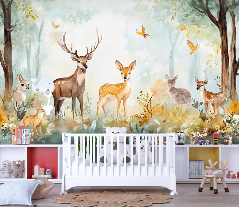 Deer Forest Wallpaper Mural for Kids Room – Woodland Animal Peel and ...