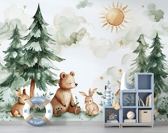 Forest Watercolor Wallpaper, Forest Decal, Bear and Rabbits Wallpaper Sticker, perfect for a kids' room wallpaper mural vn002