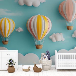 Hot Air Balloon Nursery Wall Mural – 3D Pastel Cloud Wallpaper for Baby Room or Playroom – Peel and Stick or Non-Woven