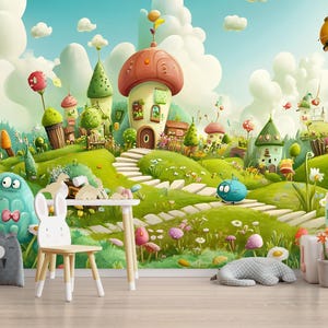 3D-behang cartoon dorp voor kinderkamer – Grillig landschap met fantasiehuizen en schattige wezens – Babykamerdecoratie