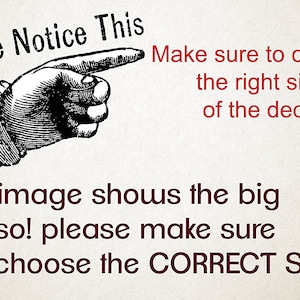 Puede incluir: Una ilustraci&oacute;n en blanco y negro de una mano apuntando hacia la derecha con el texto "Please Notice This" sobre la mano y el texto "Make sure to choose the right size of the decal!" a la derecha de la mano. Debajo de la mano est&aacute; el texto "First image shows the big size so! please make sure you choose the CORRECT SIZE:"