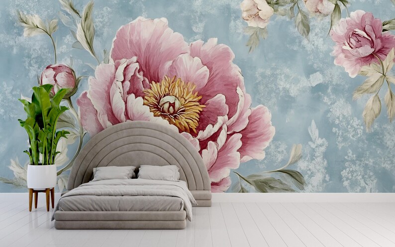 Vintage Peony Wall Mural – Pink Floral Wallpaper on Blue Textured ...