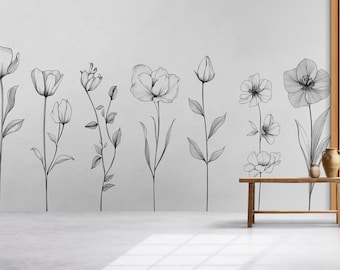 Schwarzweißer botanischer Blumen-Wandaufkleber • Minimalistischer Line Art Blumen-Aufkleber • Moderne große Wanddekoration für Schlafzimmer, Kinderzimmer oder Wohnzimmer