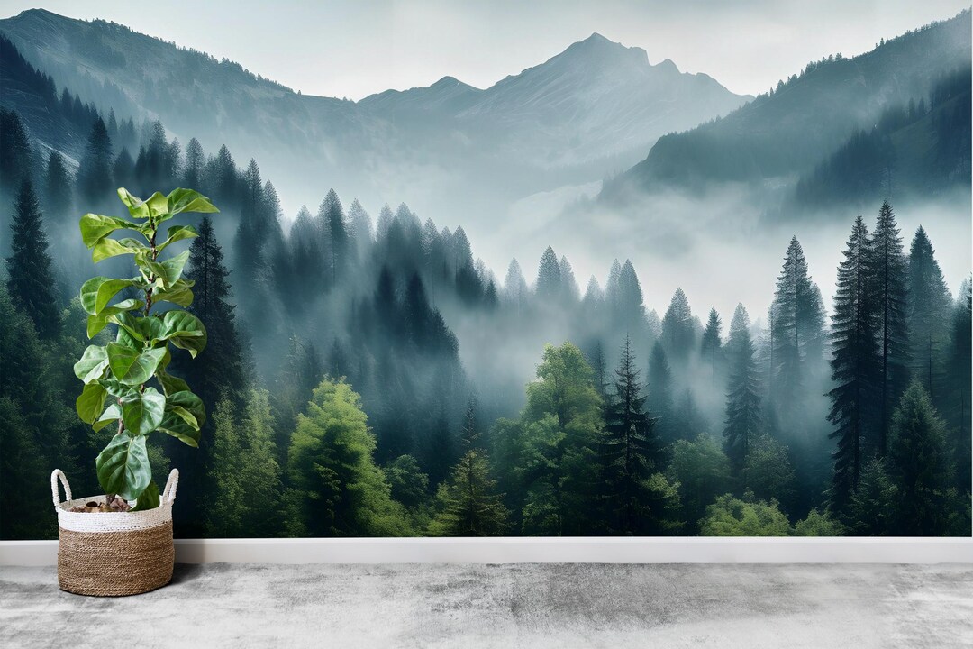 Mountain Foggy Wall Graphics Peel and Stick Forest Room Wallpaper ...