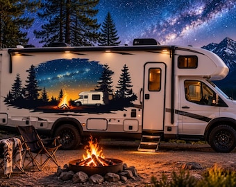 Camping RV Decal, Night Sky Camper Sticker, Campfire RV Wrap, Mountain Forest RV Graphics, Motorhome Vinyl Decal Milky Way Camper Wrap cv003