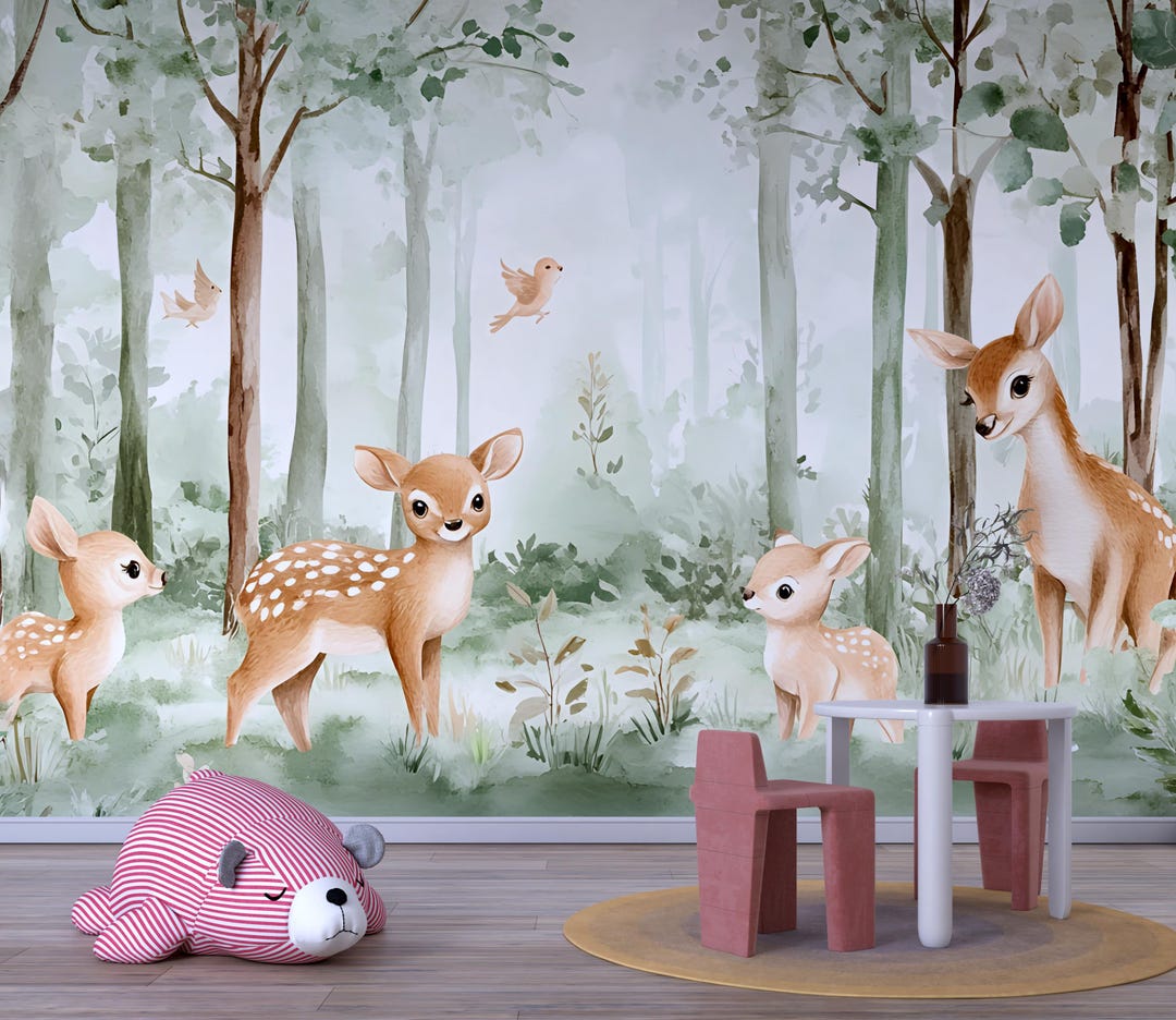 Baby Deer Forest Wall Mural – Woodland Animals Nursery Wallpaper – Peel ...