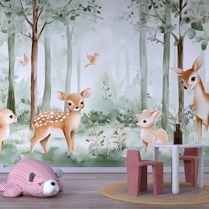 Baby Deer Forest Wall Mural – Woodland Animals Nursery Wallpaper – Peel and Stick or Traditional Kids Room Wall Art