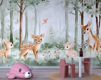 Muurschildering baby hert bos – Behang kinderkamer bosdieren – Peel and Stick of traditionele kinderkamer muurkunst