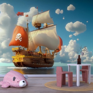 ヴィンテージの航海船の壁画 - 子供部屋に最適な海賊アドベンチャー