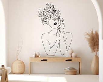 Girl Line Floral Art wall Decal, Mid Century Line Art Feminist Woman Modern Mid Century Wall Art, Line Art Wall Decor Bedroom Art 1274RS