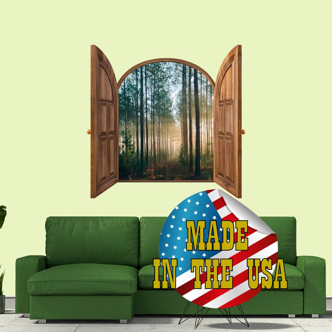 3D Window Frame Wall Decal. Sunrise Forest Wall Mural Removable. Nature View Wall Poster. 3D