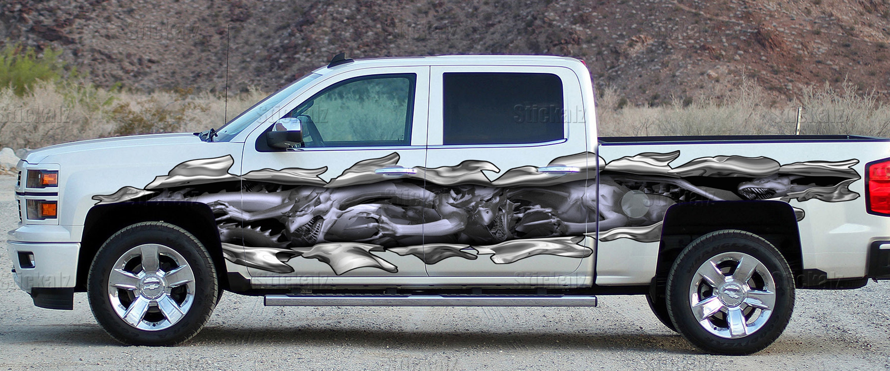 3D Dragons Ripped Metal Car Vinyl, Lizard Car Vinyl Side Wrap, Dragons Full Color Car Side Graphics, Lizard Car Vinyl Side Sticker