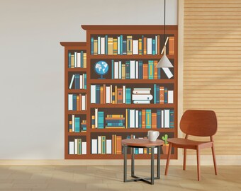 May include: A brown bookshelf wall decal filled with colorful books, a globe, and a stack of books. A small round table with a mug and cactus sits in front of the bookshelf. A wooden chair is to the right.
