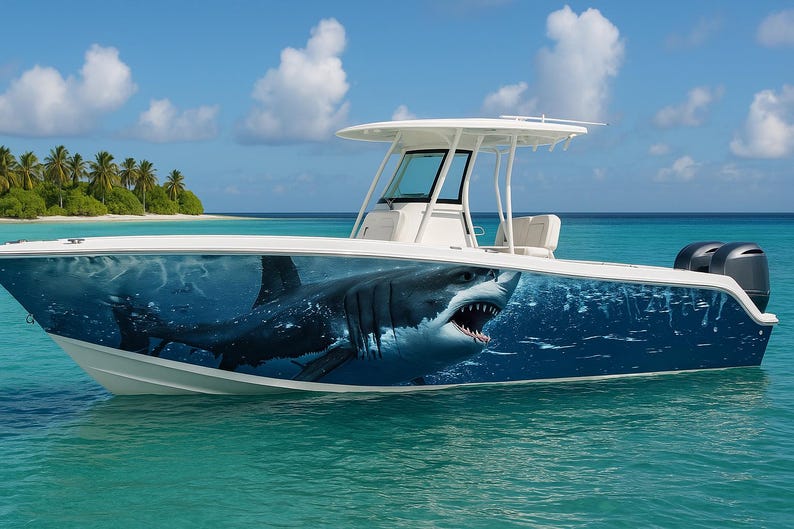 Color Motor Bot Great White Shark Boat Wrap – Full-color Marine Vinyl Design for Sport ...
