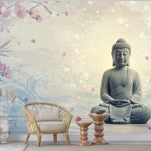 Zen Buddha Spa Wall Mural – Minimalist Meditation Wallpaper with Cherry Blossoms Watercolor Waves – Calm Neutral Wellness Decor Mural 699RS