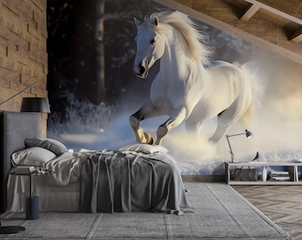 水上を走る3D白馬壁紙壁画 | ドラマチックな海の牡馬ウォールアート