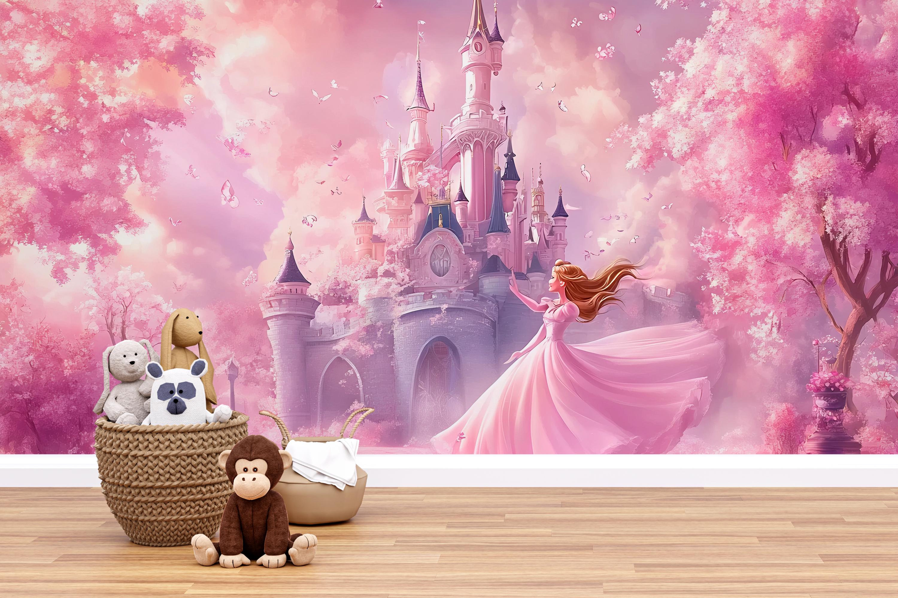 Fairytale Princess Castle Wall Mural – Soft Pink Nursery Wallpaper ...
