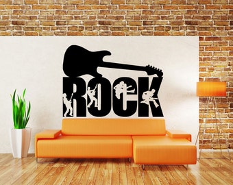 May include: Black and white wall decal featuring the word "ROCK" with a silhouette of an electric guitar and musicians playing instruments.