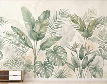 Tropical Botanical Wallpaper, Palm Leaf Wall Mural, Monstera Banana Leaf Wallpaper, Neutral Jungle Decor, Peel and Stick Wallpaper 1202RS