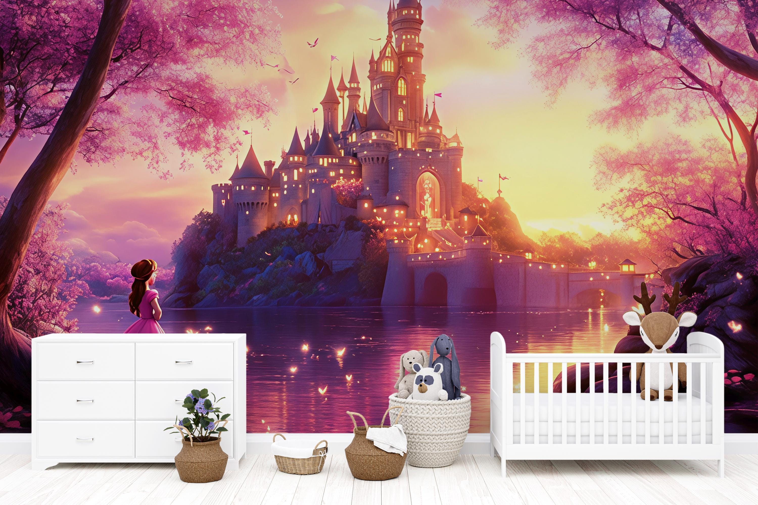 Fairytale Castle Wall Mural – Sunset Princess Wallpaper for Girls Room ...