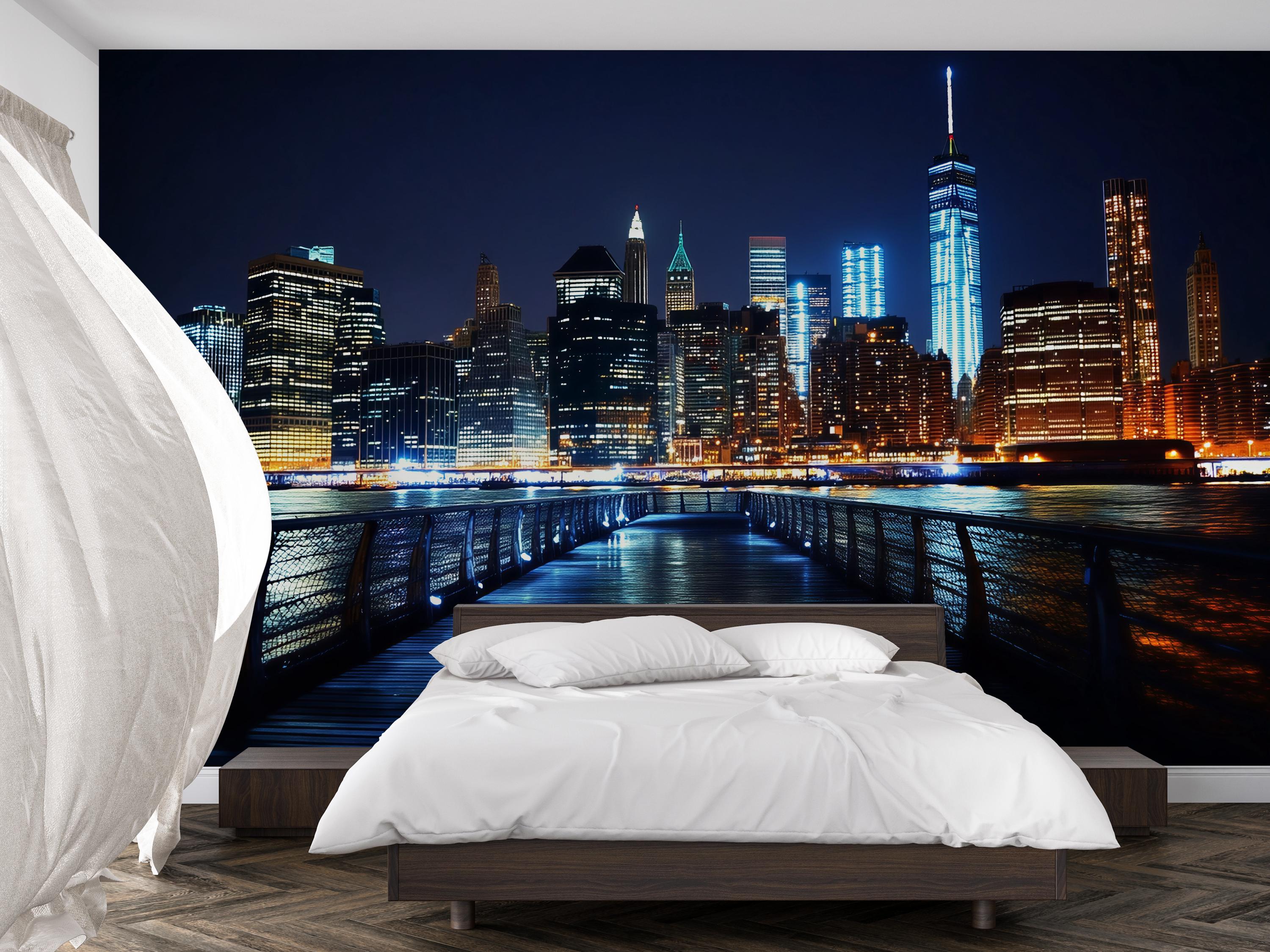 City Skyline Night Wallpaper Mural | Modern 3D Wall Decor | New York ...