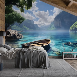 3D Coastal Boat Bedroom Mural - Modern Tranquil Wall Art - Serene Nature Decor - Stylish Gift for Birthday or Holidays