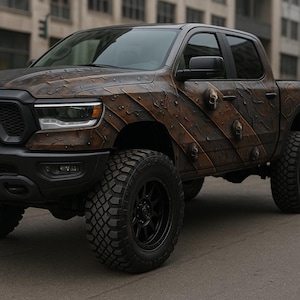 May include: A custom pickup truck with a unique, textured, brown and black exterior design. The truck features black wheels and tires, and skull accents. The vehicle is parked on a city street.