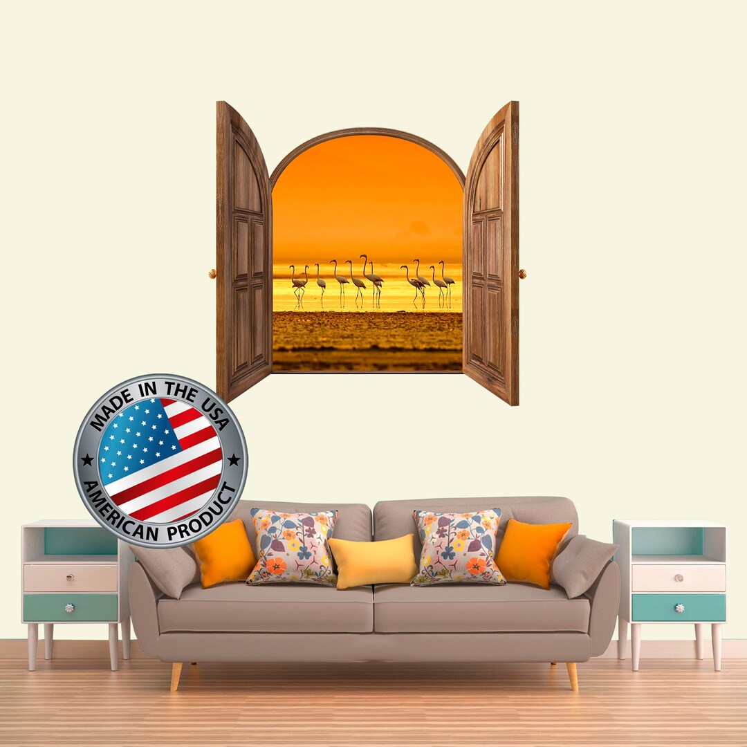 3D Effect Window Frame Wall Decal With Ocean View. Sunset Wall Sticker. Flamingo Birds Wall