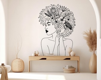 Girl Line Floral Art wall Decal, Mid Century Line Art Feminist Woman Modern Mid Century Wall Art, Line Art Wall Decor Bedroom Art 1277RS