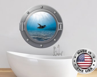 Sea Turtle Wall Decal. Nautical Vinyl Sticker. Porthole Wall Murals. View 3D Window Removable Decal. Underwater Porthole Bathroom Decor NT68