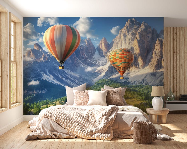Hot Air Balloon Wall Mural – Realistic Mountain Landscape Wallpaper for ...