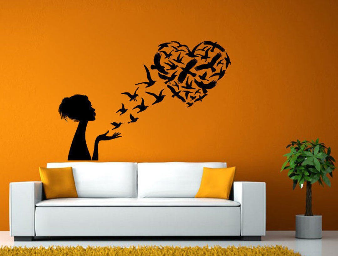 Girl Releasing Birds Love Heart Wall or Window Sticker Decal Vinyl ...