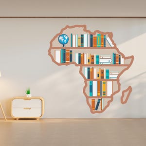 Bibliothek Wandbild Afrika Karte Wandtattoo, Bücherwand Dekor, Bücherregal Bibliothek wandtattoo, Kinderzimmer, Schule, Kinderzimmer 414RS