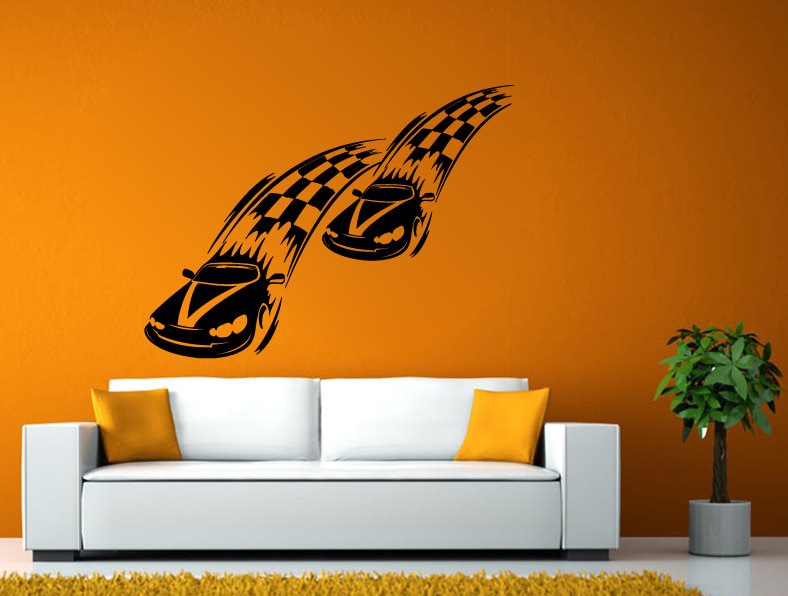 Two Racing Cars Smoke Checkered Flag Wall Window Sticker Decal Vinyl ...