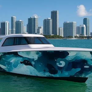 Aqua Camouflage båtfolie – Blå vattenkamouflage vinylfolie – Marin båtdekal – Anpassad helsidesfolie – Abstrakt havsmönster båt