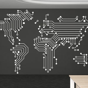 Weltkarte Platine Wandtattoo, Technologie Vinyl Wand Kunst Aufkleber, Firmen Aufkleber, Büro Dekor, Business Wandtattoo Art Office 322RS
