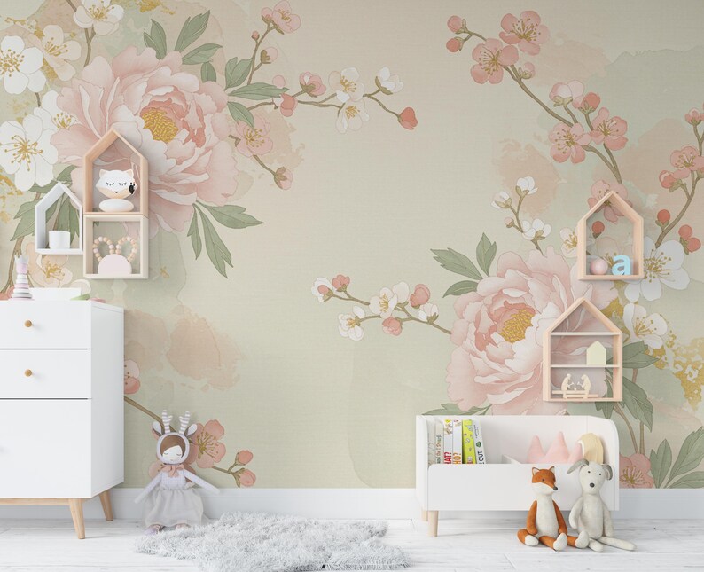 Chinoiserie Cherry Blossom Wall Mural: Antique Gold Birds, Silk Texture ...