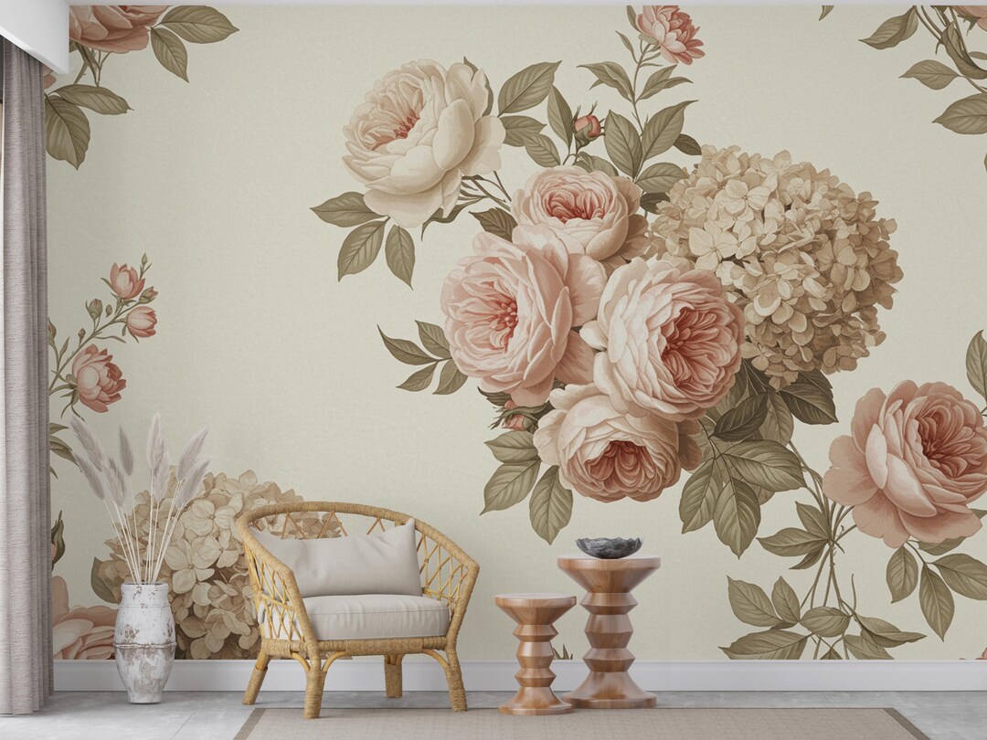 Vintage Floral Wallpaper – Large Peony & Rose Mural Dusty Pink Beige ...
