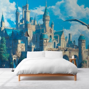 Magical Fantasy Castle Wallpaper with Dragon - Peel and Stick Wall Mural - Enchanting Home Decor for Kids Room or Fantasy Lovers Vn027
