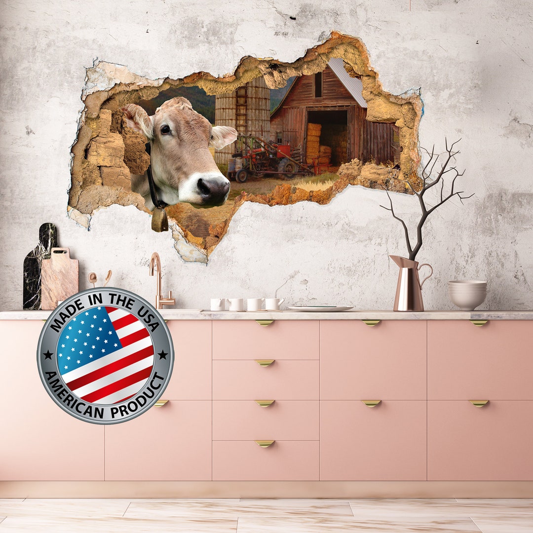 3D Cow Wall Decal. Smashed Wall Decal Kids. Large Wall Mural Farm
